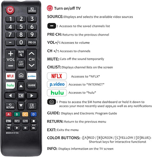 Replacement BN59-01315A BN59-01315J Remote Control for Samsung 4K Crystal UHD 6/7/8/9/TU-7000 Series Smart TV
