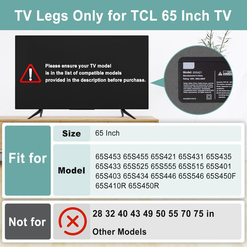 65" 1 Set, 200 lbs Dinghosen TV Stand Legs for TCL Roku TV, Modern Black Metal, Supports Up