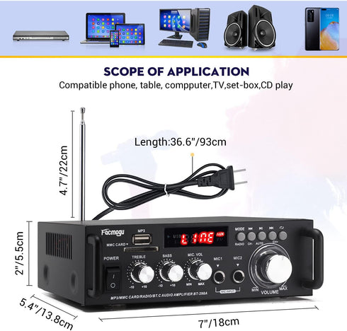 Facmogu 298A Max 300Wx2 Wireless Bluetooth 5.0 Stereo Audio Amplifier, 2 Channel Receiver with Bass & Treble Control,