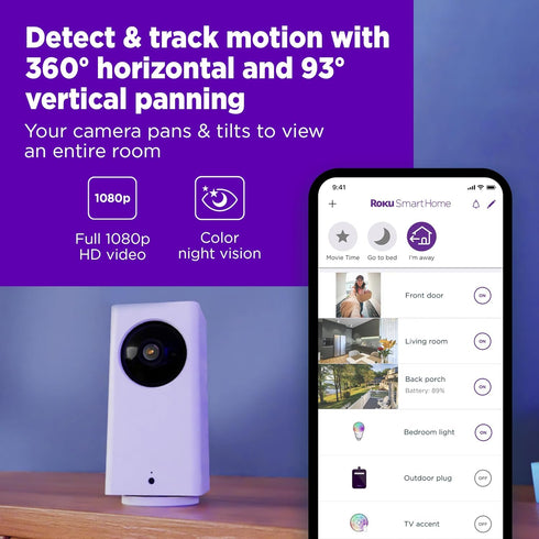 Roku Indoor Camera 360° for Home Security - 1080p HD Color Night Vision, Works with Alexa & Google, Motion Detection