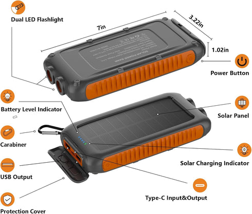 49800mAh 2 15W Solar Charger Power Bank Portable Solar Phone Charger with USB-A and Type-C Interface, Fast Charging