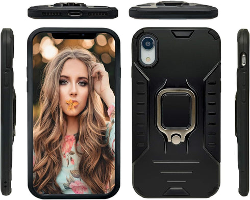 MODOS LOGICOS Case for iPhone XR, Dual Layers Shockproof Protective Case with Built-in 360 Metal Rotating Ring (Black)