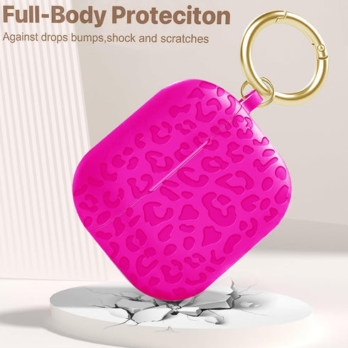 AirPod Case 3rd Generation Cover with Keychain, Leopard Engraved Skin Soft Cover for Full Protection, Hot Pink