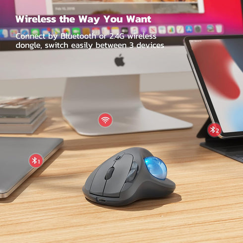 Nulea Wireless Trackball Mouse, Ergonomic Rechargeable, Easy Thumb Control, 3 Device Connection, Compatible with PC,