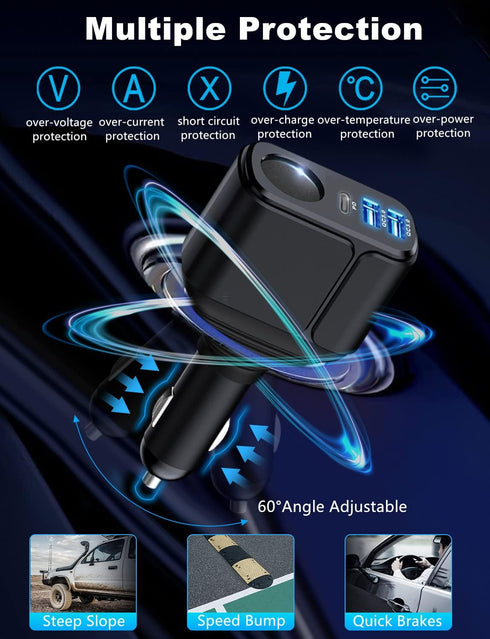 4 in 1 USB C Car Charger Adapter, 210W Multi USB Cigarette Lighter Adapter with 3 USB Ports for iPhone 15/14