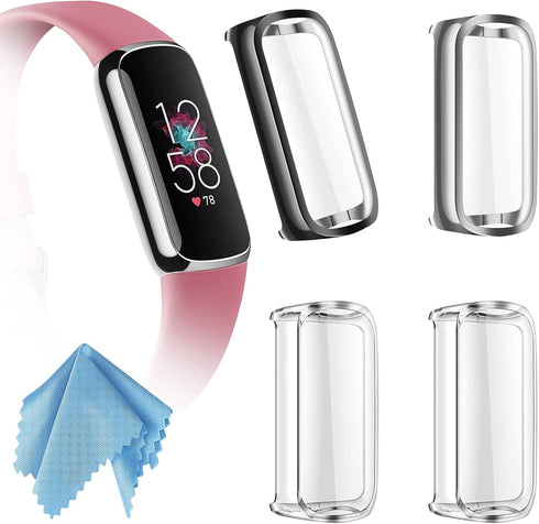 Fintie 4 Pack Screen Protector Case for Fitbit Luxe, Soft TPU Full Protective Cover, Black, Silver, 2 Clear