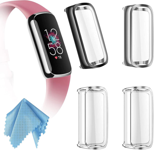 Fintie 4 Pack Screen Protector Case for Fitbit Luxe, Soft TPU Full Protective Cover, Black, Silver, 2 Clear