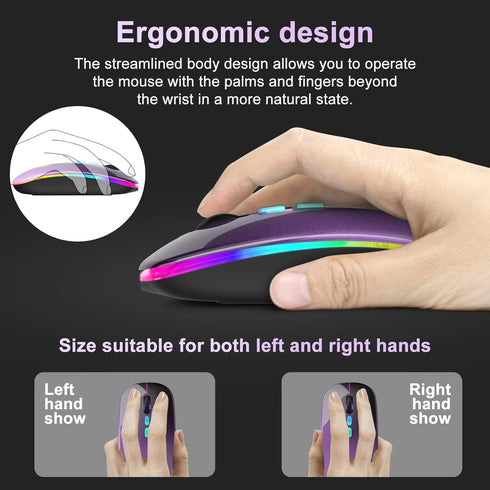 LED Wireless Mouse, Bluetooth & 2.4GHz Connection, Rechargeable Ultra Silent Slim Design, USB-C Adapter (Black-purple)