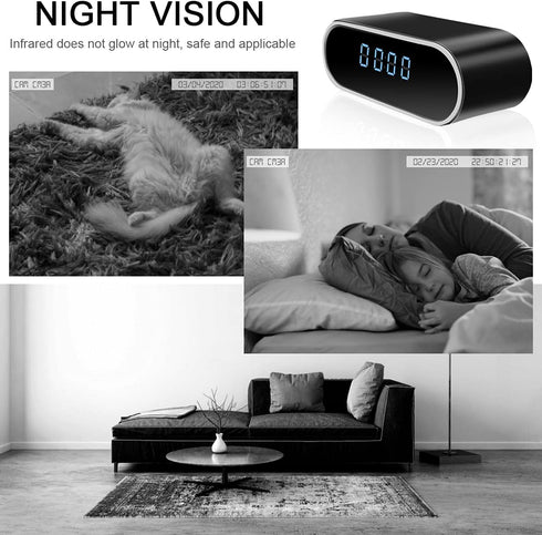 HD 1080P WiFi Alarm Clock Camera with Night Vision, Motion Detection, Loop Recording, Wireless Security Nanny Cam for