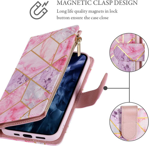UEEBAI 13 6.1 inch, Wallet Case for iPhone Premium Vintage PU Leather Magnetic Closure Handbag Zipper Pocket Case