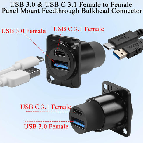 QIANRENON USB3.0 & USB C 3.1 Panel Mount Adapter, USB A & USB C Feedthrough Bulkhead Mount Socket