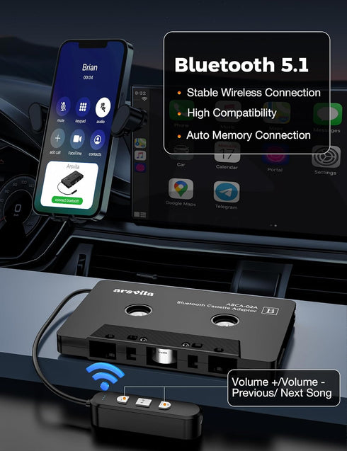 arsvita 5.1 Bluetooth Cassette Adapter, Car Audio Receiver, Hands-Free Call, Supports Micro SD Card, Black, Type BCA02