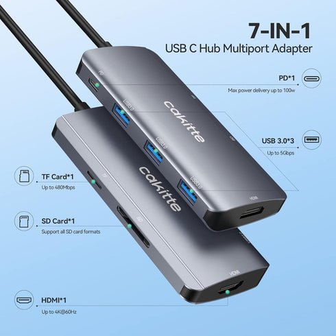 USB C Hub, Cakitte 7 in 1 USB C to 4K@60HZ HDMI Multiport Adapter, 3 USB 3.0 Ports, SD/TF Card Reader, 100W PD