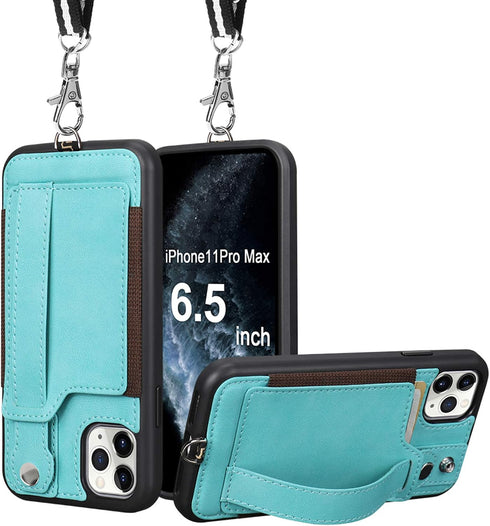 TOOVREN Phone Cover for iPhone 11 Pro Max - Wallet Case with Card Holder, PU Leather Kickstand, Adjustable Lanyard