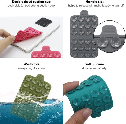 Double Sided Silicone Suction Phone Mount (2 Pack), Mobile Phone Holder with 24 Strong Suction Cups for Selfies