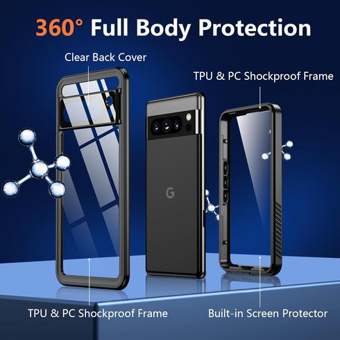ANTSHARE Google Pixel 8 Pro Waterproof Case, IP68, 16FT Dropproof, Full Body Shockproof, Built-in Screen Protector,