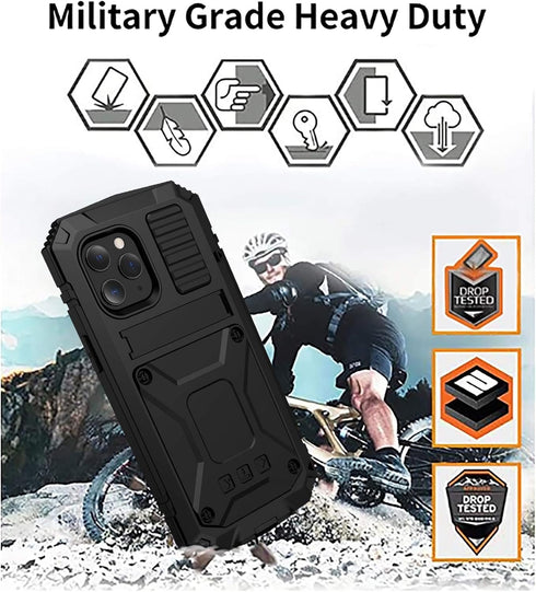 iPhone 12 Pro Max Metal Case with Kickstand, Built-in Screen Protector, Heavy Duty Shockproof, Black