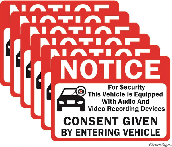 6-Pack Double Sided 3.5"x2.5" Notice Vehicle is Equipped With Audio And Video Recording Devices Consent Sticker, Vinyl