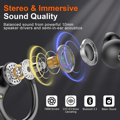 Ltinist Wireless Earbud, Bluetooth 5.3 Headphones with Earhooks, 75H Battery, IP7 Waterproof, Built-in Microphone for