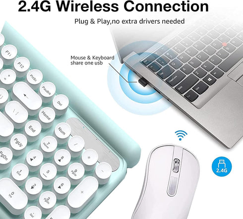 Rechargeable Keyboard and Mouse Combo, 2.4Ghz Wireless Retro Mute Set for Laptop Desktop PC, Light Green