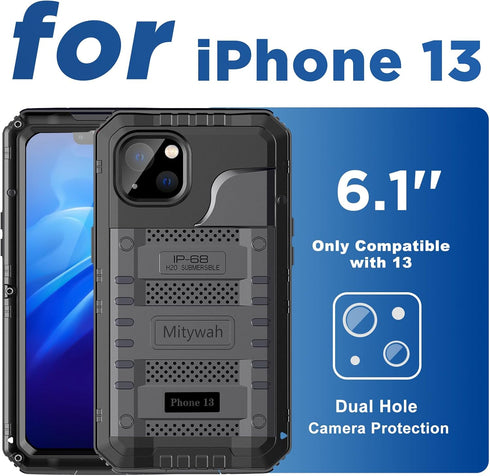 Mitywah Waterproof Case for iPhone 13, Heavy Duty Military Grade Phone Case with Built-in Screen Protector, Black