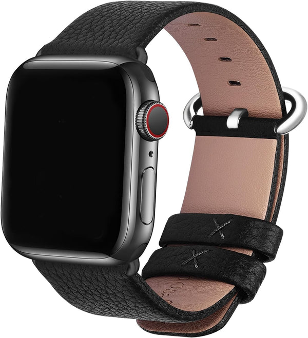 Fullmosa Leather Bands Compatible with Apple Watch Band, 41mm, 40mm, 38mm, 42mm, 44mm, 45mm, 46mm, 49mm, Black/Silver