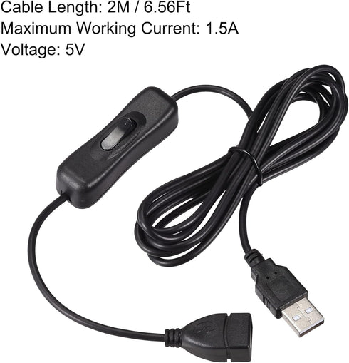 MECCANIXITY USB Cable with ON/Off Switch - 2M Black USB Male to Female Extension Cord for LED Desk Lamp