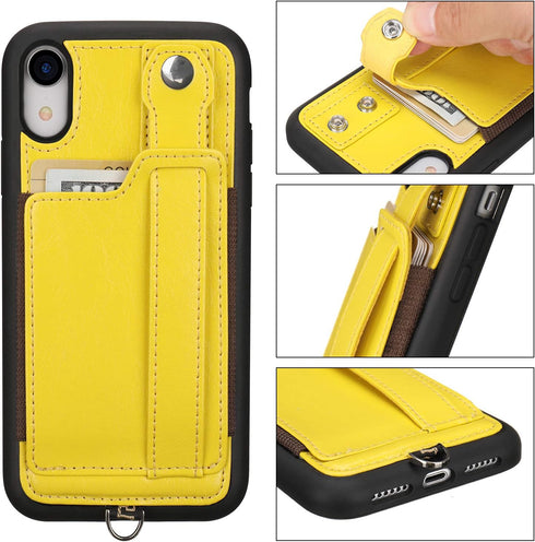 TOOVREN Wallet Case for iPhone XR with Lanyard Strap, Card Holder, Protective Cover with Stand, Yellow