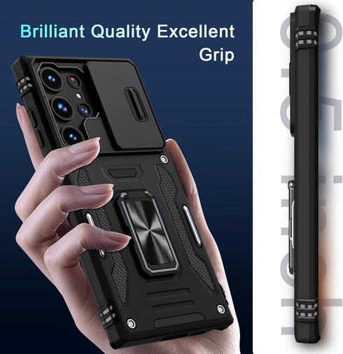 DEERLAMN Slide Camera Cover Case for Samsung Galaxy S24 Ultra with Screen Protector, Military Grade Shockproof - Black