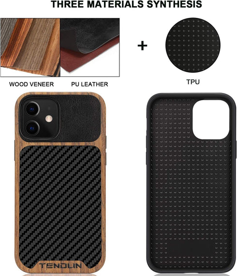 TENDLIN Compatible with iPhone 12 / 12 Pro Case, Wood Grain with Carbon Fiber Texture Design, Leather Hybrid Case