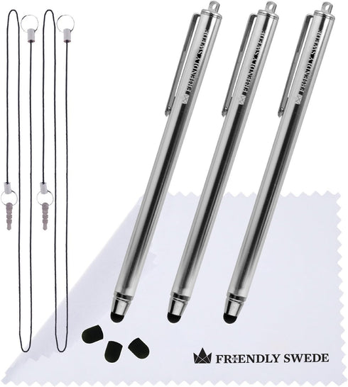 The Friendly Swede 3pcs High Precision Stylus Pens for Touch Screens, 5.5" with Replaceable Thin-Tip, Lanyards &
