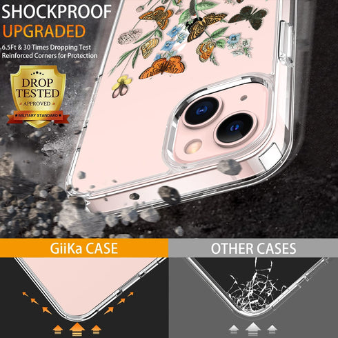 GiiKa iPhone 13 Case with Screen Protector, Clear Protective Floral Shockproof Hard Case with TPU Bumper