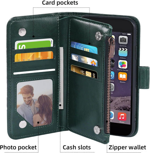 Asuwish iPhone 6 6s Wallet Case with Flip Card Holder & Tempered Glass Protector - Dark Green for Men & Women.
