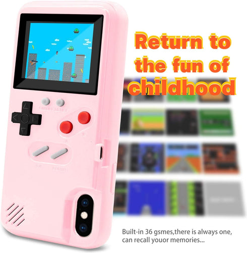 LucBuy Game Console Case for iPhone Xs MAX, Retro Protective Cover with 36 Small Games, Pink