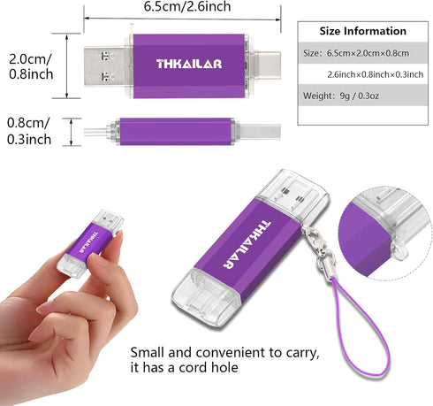 THKAILAR 128GB 2 Pack, 2 1 15/16/17,Android,Mac,PC, USB Flash Drive in USB C & USB A Thumb Drive, Stick for iPhone Plug