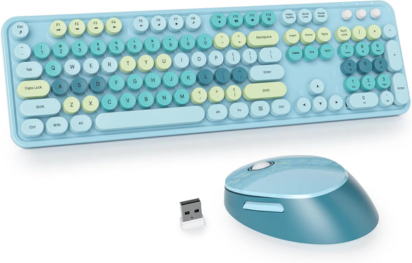 Owpkeenthy Blue Keyboard and Mouse Wireless, Cute Typewriter Keyboard with Retro Round Keycaps for Desktop and Laptop