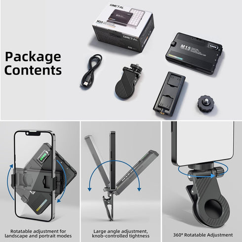 GMETAL 97+, 3 LED Portable Selfie Light Video Conference Lighting Quality Lithium Battery CRI Clip & Camera Tripod