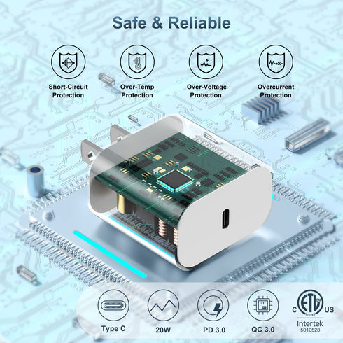 20W USB C Fast Charger Block & 10 Ft Type C to C Cable (60W) for iPhone 15 Pro Max, iPad, MacBook, Samsung.