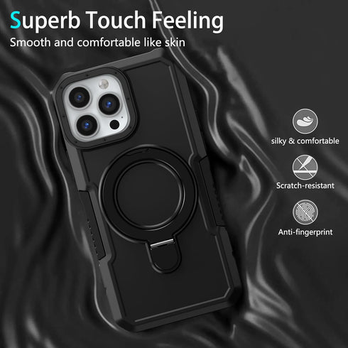iPhone 13 Pro Case - Black, MIL-Grade Shockproof, Dual Layer, Built-in Stand & Ring Holder, Compatible with MagSafe.