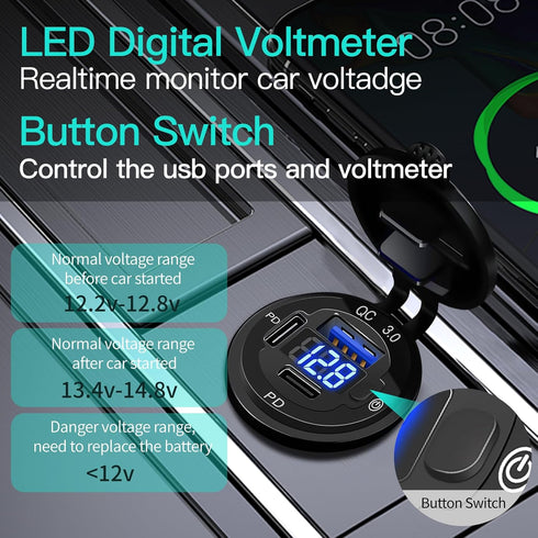 12V USB Outlet 78W, 3 Port USB C Fast Charger with Switch & Voltmeter, Waterproof Car Charger Socket for Marine RV Truck