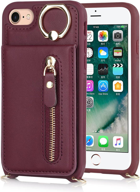 iPhone 7 8 SE (2020) Case with Card Holder, Red Wine Wallet with Strap, Credit Card Slots, Crossbody Kickstand