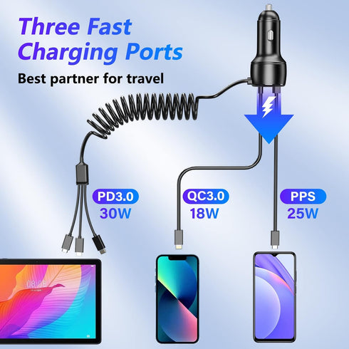 66W High-Speed Car Charger, 5-Port Fast Charging Hub with PD & QC3.0, Universal Compatibility for iPhone, Samsung, Pixel