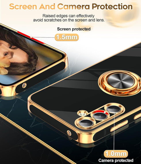 LeYi Samsung Galaxy A35 5G Case with Tempered Glass Screen Protector, 360° Rotatable Ring Holder, Black