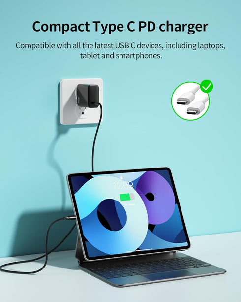 65W GaN PPS USB C Fast Charger Block for Laptops, Tablets & Phones with USB-C to USB-C Cable (MacBook, iPhone 16/Pro)