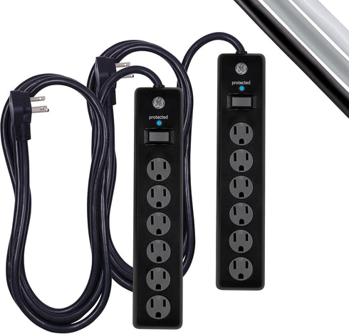 GE 6-Outlet Surge Protector, 2 Pack, 10 Ft Extension Cord, Power Strip, 800 Joules, Black