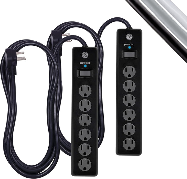 GE 6-Outlet Surge Protector, 2 Pack, 10 Ft Extension Cord, Power Strip, 800 Joules, Black
