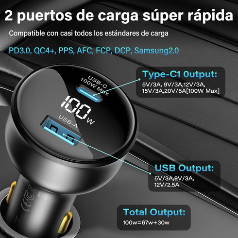 100W USB C Car Charger with Display, PD3.0+QC Type C Car Charger Adapter with 100W USB C Cable, Fast Charging for Laptops, MacBook Pro, iPad, iPhone 15/14/Pro Max, Galaxy S24/S23 Ultra Etc.