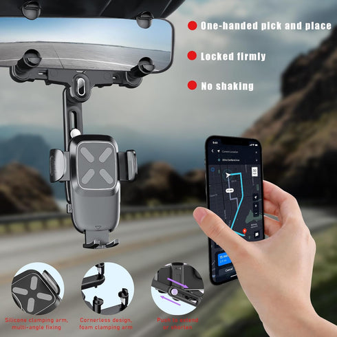 Rear View Mirror Phone Holder, 360 Degree Rotatable and Retractable Auto Phone Mount, Universal Holder for All