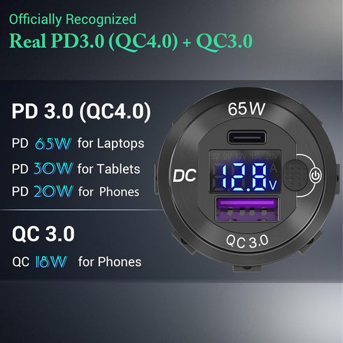 83W 12 Volt USB Outlet Built-in Boost USB C Laptop Car Charger: Ouffun 65W PD3.0 and 18W QC3.0 Car USB Port