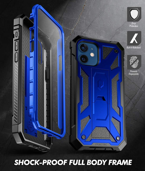 Poetic Spartan iPhone 12/iPhone 12 Pro Case, Full-Body Rugged Dual-Layer Shockproof Cover with Kickstand, Metallic Blue